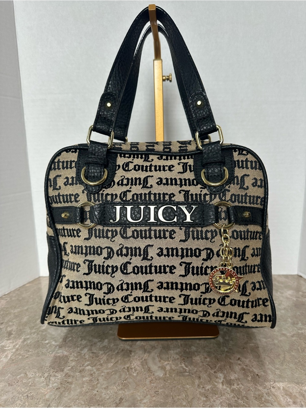 Juicy Couture Sweet Surrender Black Beige Satchel Monogram Dome Goth Hand Bag